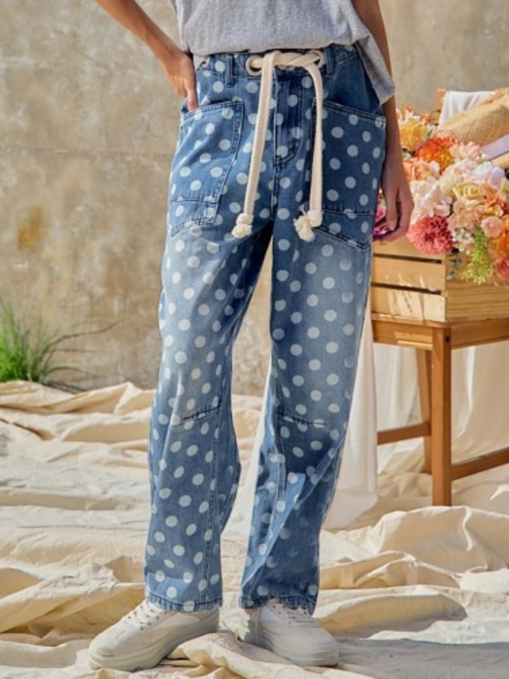 "The Harmony" Polka Dot Printed Denim Pants With Waist Belt - Picture 3 of 8